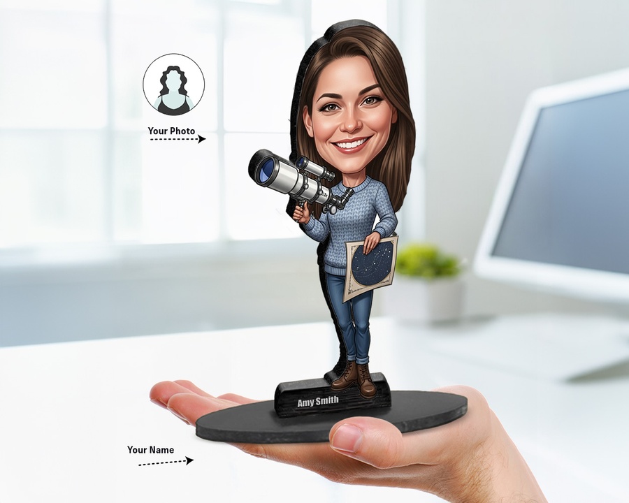 Female Astronomer with Telescope figurine — custom Business gift