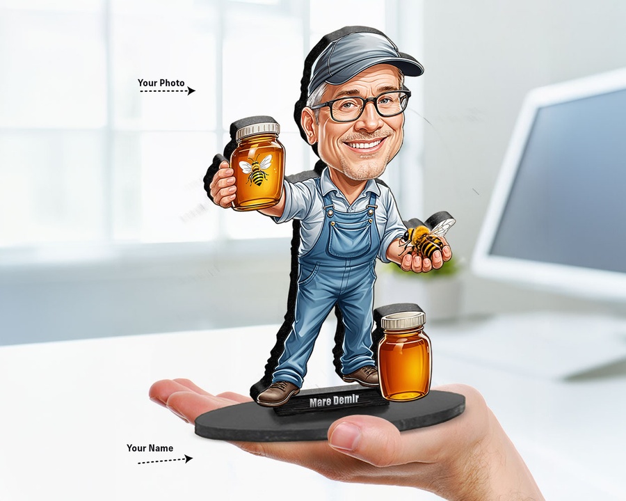 Beekeeper with Honey Jar figurine — custom personalized Business gift, premium wood 8 inches