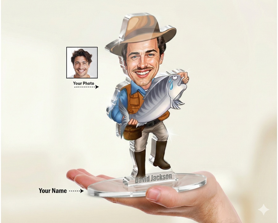 Fisherman with Cowboy Hat figurine — custom personalized Sport gift, premium wood 8 inches