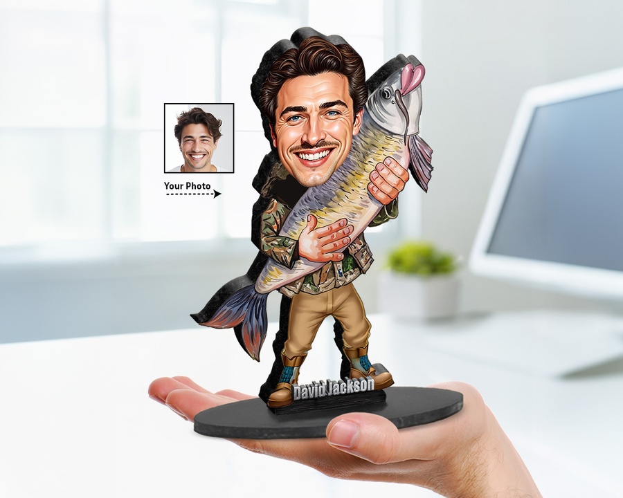 Fisherman in Camo figurine — custom personalized Sport gift, premium wood 8 inches