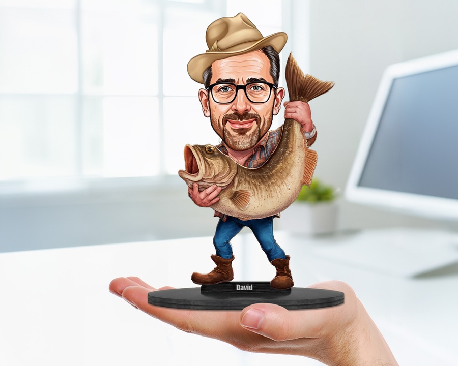 Fisherman with Trophy Catch figurine — custom personalized Sport gift, premium wood 8 inches
