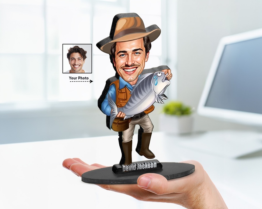Fisherman — Explorer Style figurine — custom personalized Sport gift, premium wood 8 inches