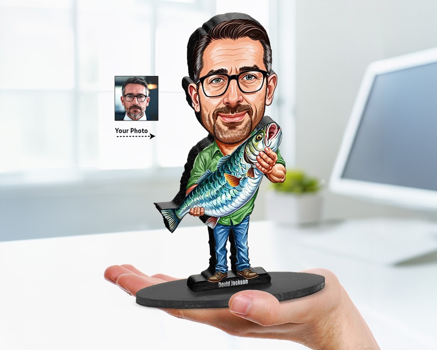 Fisherman with Colorful Fish figurine — custom personalized Sport gift, premium wood 8 inches