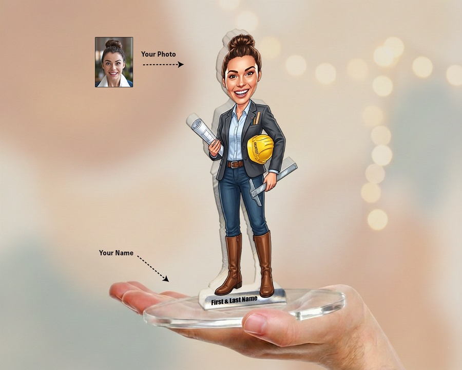 Female Construction Worker figurine — custom personalized Business gift, premium wood 8 inches