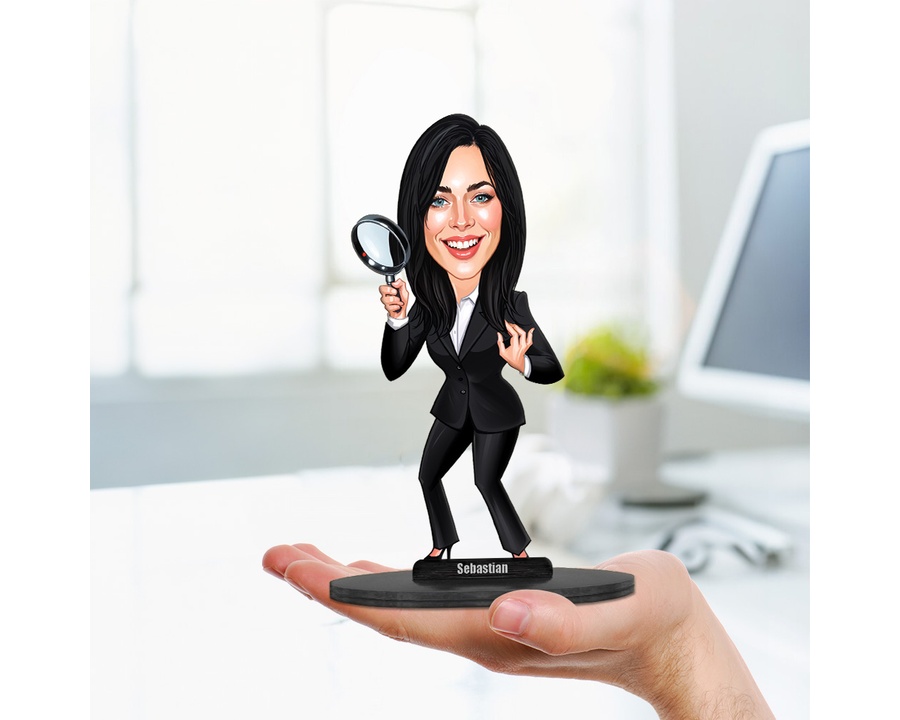 Female Detective — Dark Coat figurine — custom personalized Business gift, premium wood 8 inches