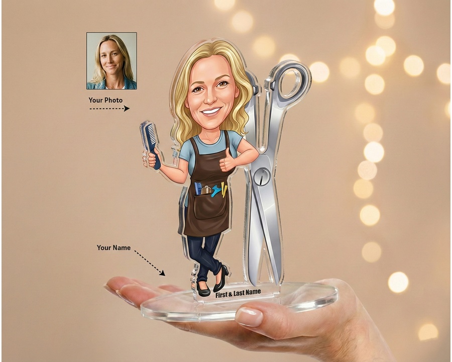 Female Hairdresser — Acrylic figurine — custom personalized Business gift, premium wood 8 inches
