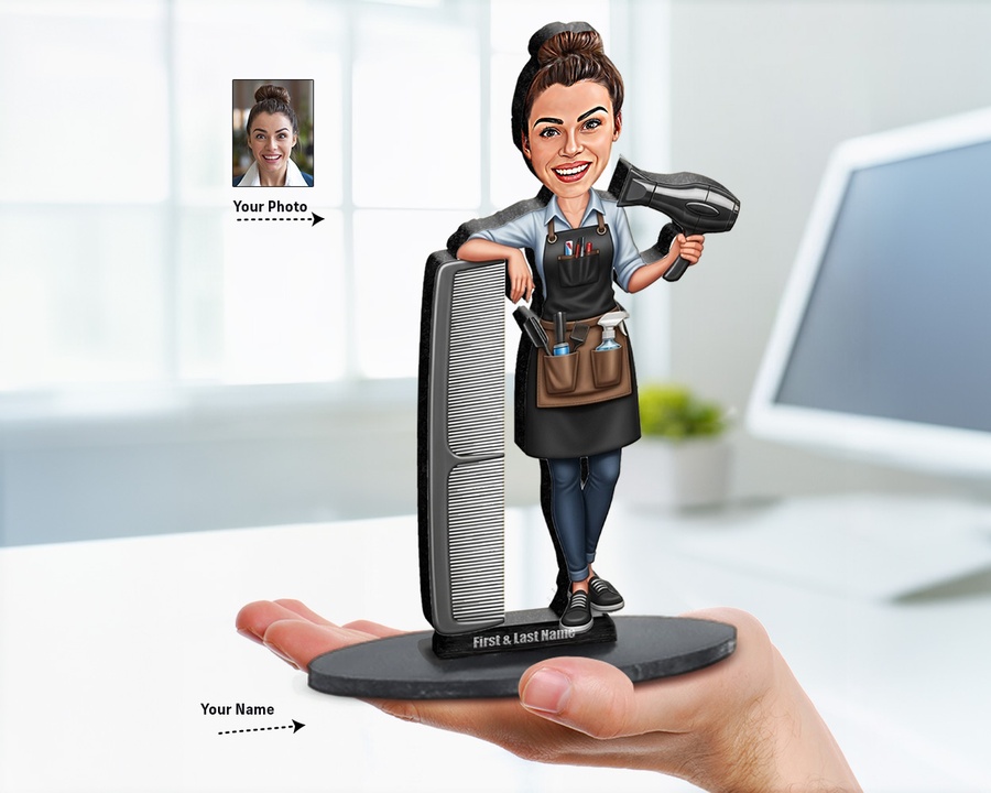 Female Hairdresser with Scissors figurine — custom personalized Business gift, premium wood 8 inches