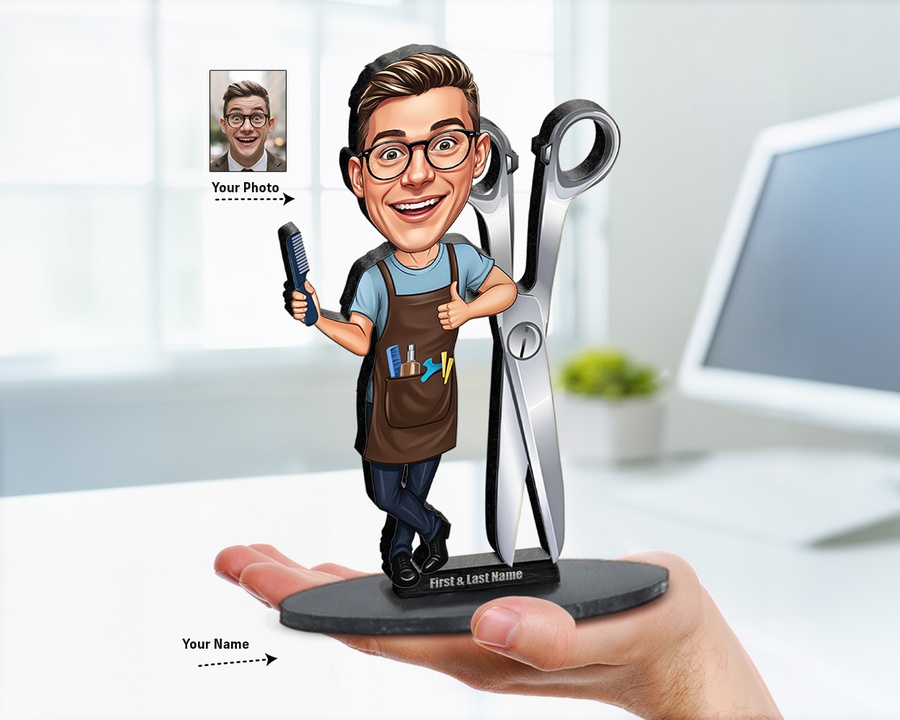 Male Barber with Clippers figurine — custom personalized Business gift, premium wood 8 inches