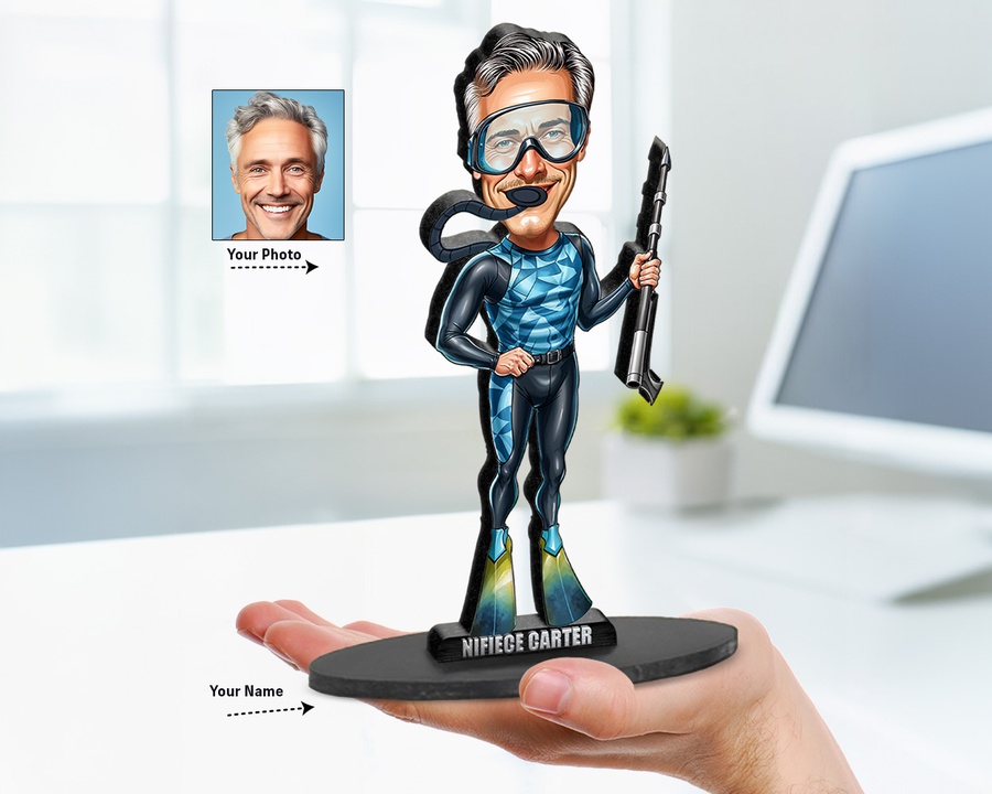 Male Spearfisher figurine — custom personalized Business gift, premium wood 8 inches