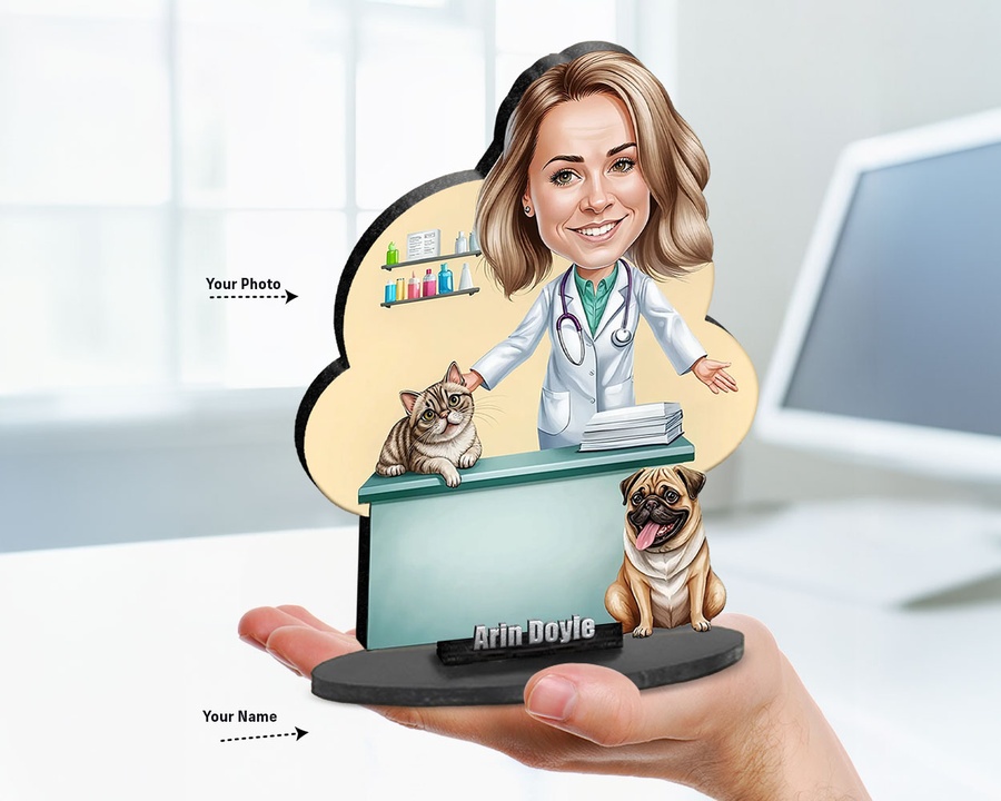 Veterinarian with Pet figurine — custom personalized Business gift, premium wood 8 inches