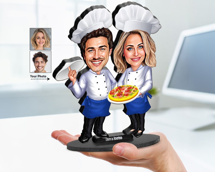 Chef Couple Cooking Pot figurine — custom personalized Culinary gift, premium wood 8 inches