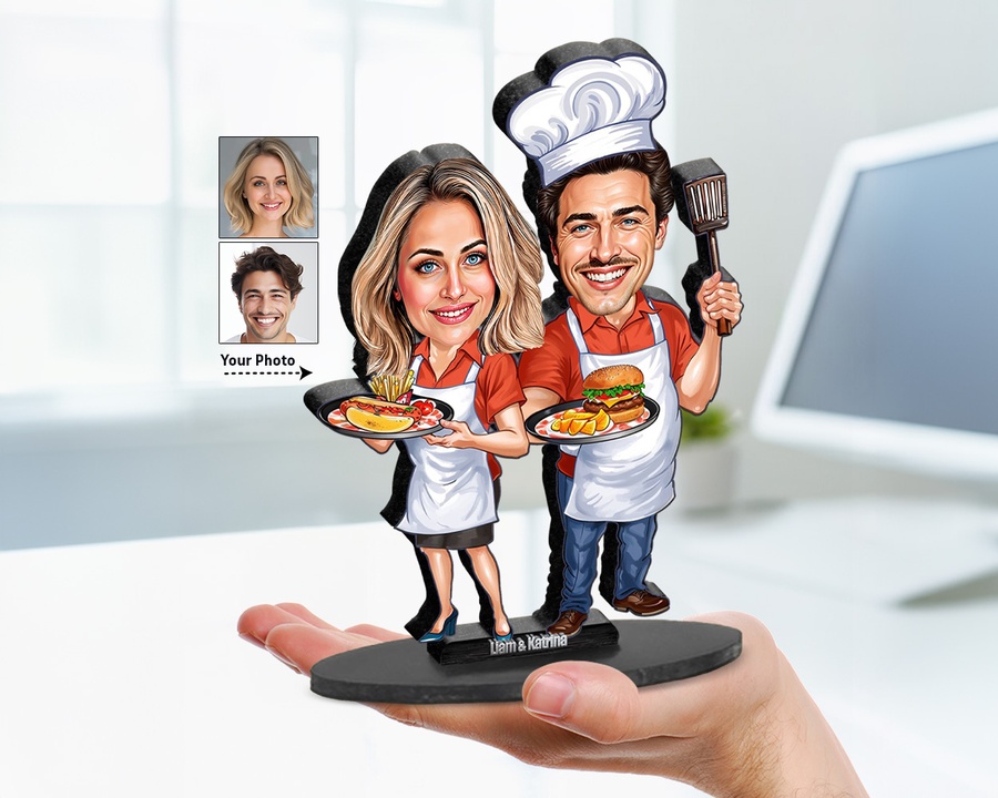 Chef Couple Kitchen Team figurine — custom personalized Culinary gift, premium wood 8 inches