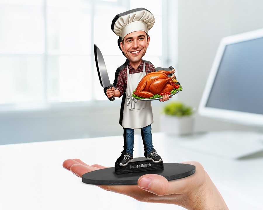 Thanksgiving Cook Turkey figurine — custom personalized Culinary gift, premium wood 8 inches