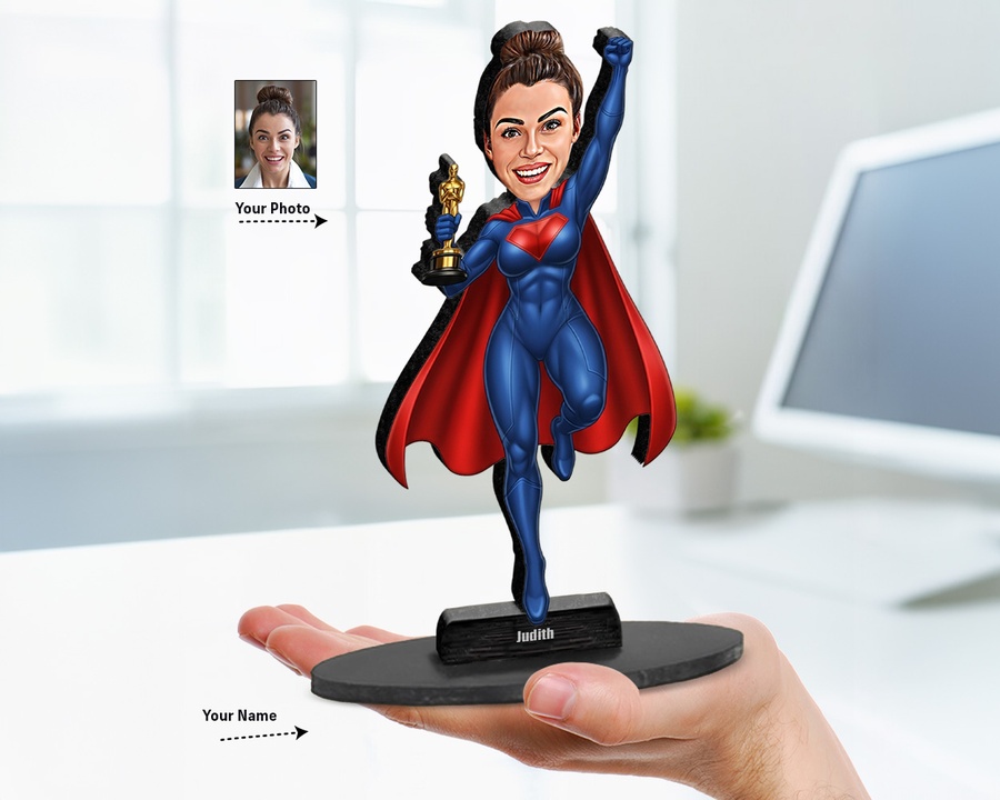 Superhero Female — Magic Cape figurine — custom personalized Family gift, premium wood 8 inches