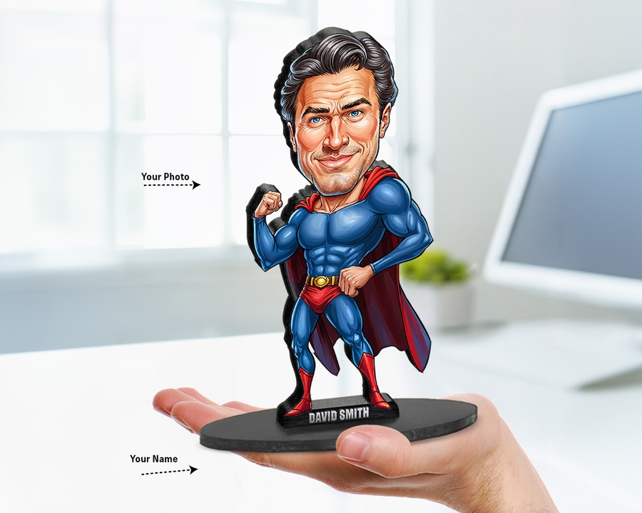 Superhero Male — Classic Blue figurine — custom personalized Family gift, premium wood 8 inches