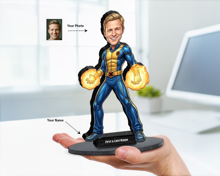 Superhero Male — Gold Power figurine — custom personalized Family gift, premium wood 8 inches