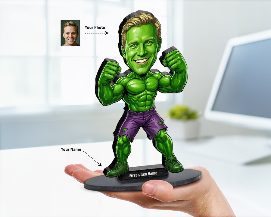 Superhero Male — Green figurine — custom personalized Family gift, premium wood 8 inches