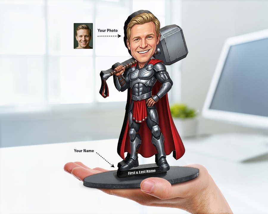 Superhero Male — Hammer figurine — custom personalized Family gift, premium wood 8 inches
