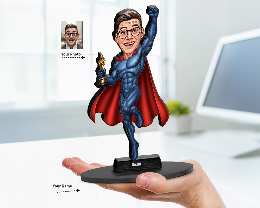 Superhero Male — Magic Cape figurine — custom personalized Family gift, premium wood 8 inches