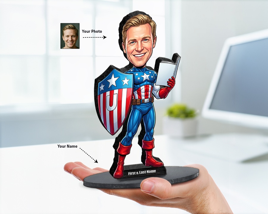 Superhero Male — Patriotic figurine — custom personalized Family gift, premium wood 8 inches