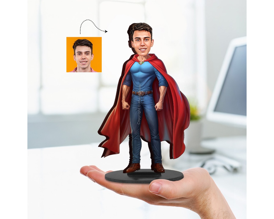 Superhero Male — Red Cape figurine — custom personalized Family gift, premium wood 8 inches