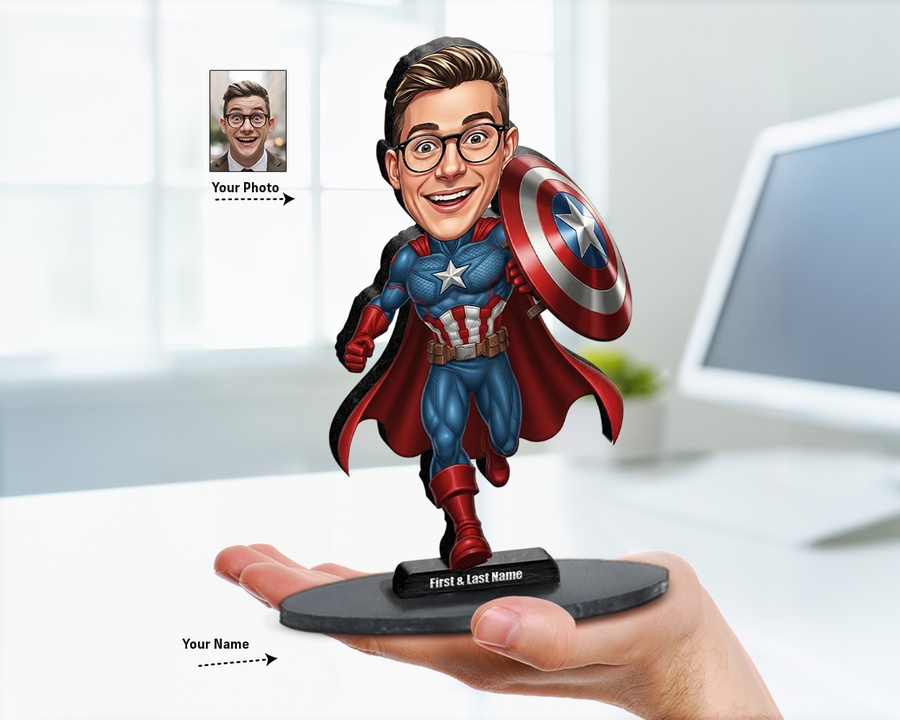 Superhero Male — Shield & Cape figurine — custom personalized Family gift, premium wood 8 inches
