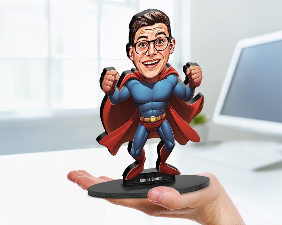 Superhero Male — Strong figurine — custom personalized Family gift, premium wood 8 inches