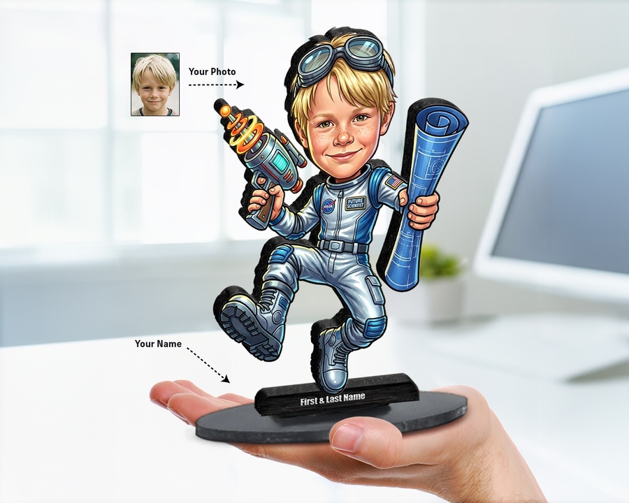 Astronaut Boy — Rocket figurine — custom personalized Family gift, premium wood 8 inches