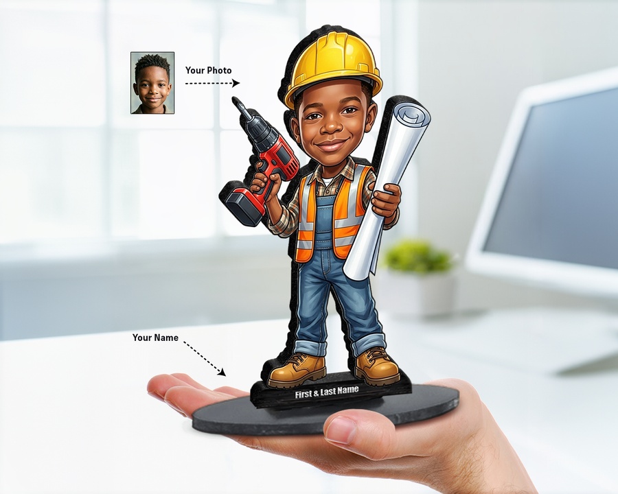 Construction Worker Boy figurine — custom personalized Family gift, premium wood 8 inches