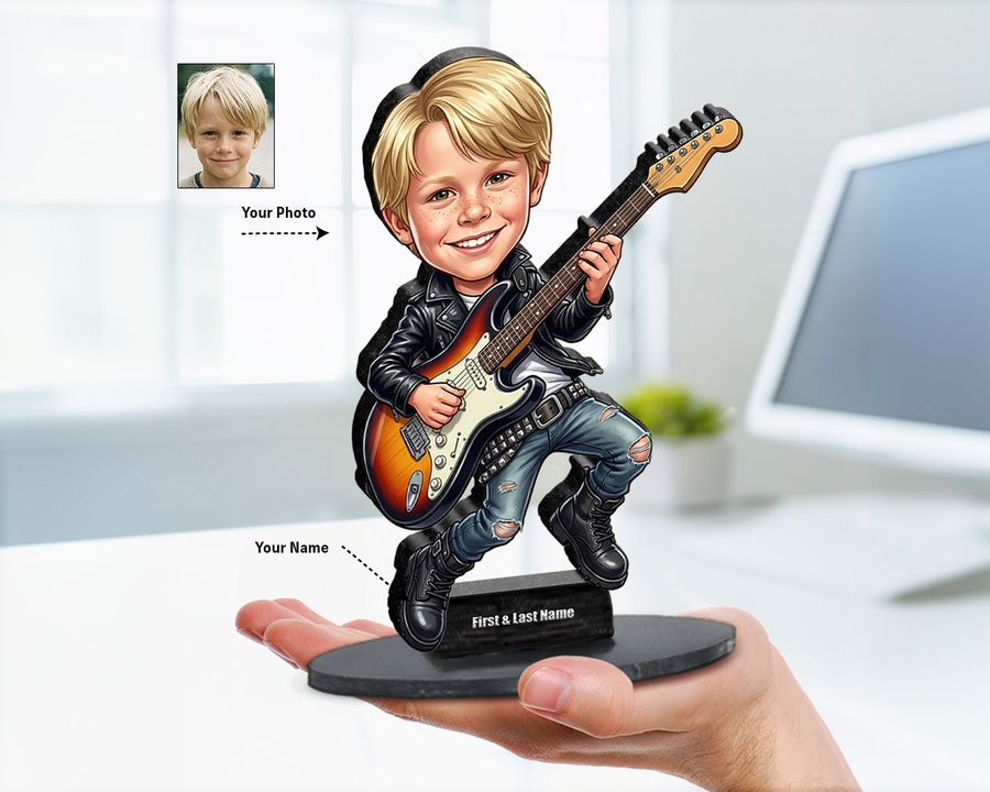 Guitarist Boy figurine — custom personalized Family gift, premium wood 8 inches