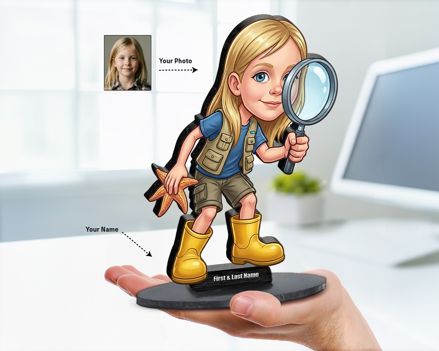 Explorer Girl figurine — custom personalized Family gift, premium wood 8 inches