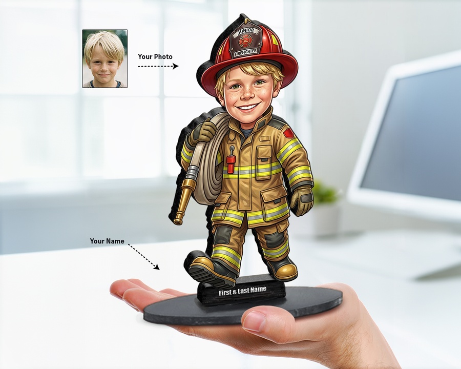 Firefighter Boy figurine — custom personalized Family gift, premium wood 8 inches