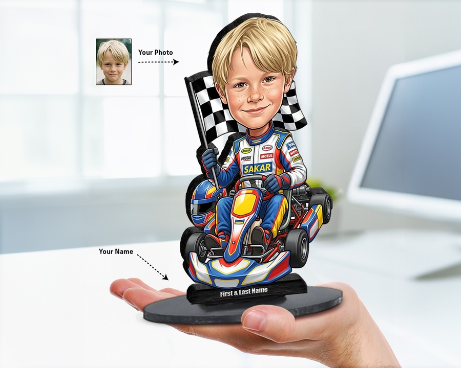 Race Car Driver Boy figurine — custom personalized Family gift, premium wood 8 inches