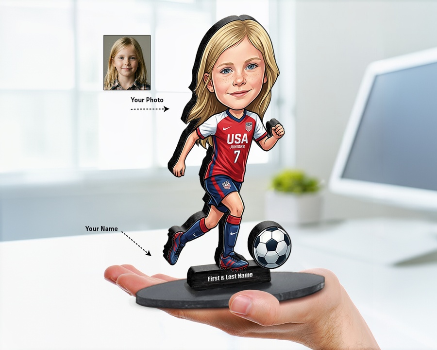 Soccer Player Girl figurine — custom personalized Family gift, premium wood 8 inches