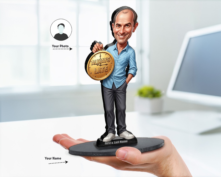 Always Late — Clock Award figurine — custom personalized Business gift, premium wood 8 inches