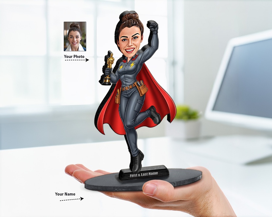 Electrician Trophy (Female) figurine — custom personalized Business gift, premium wood 8 inches