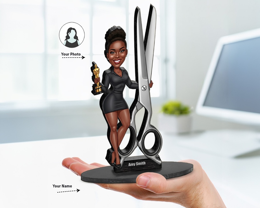 Hairdresser — Scissor Trophy figurine — custom personalized Business gift, premium wood 8 inches