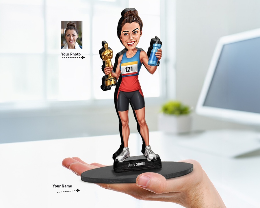 Marathon Runner Trophy figurine — custom personalized Funny gift, premium wood 8 inches