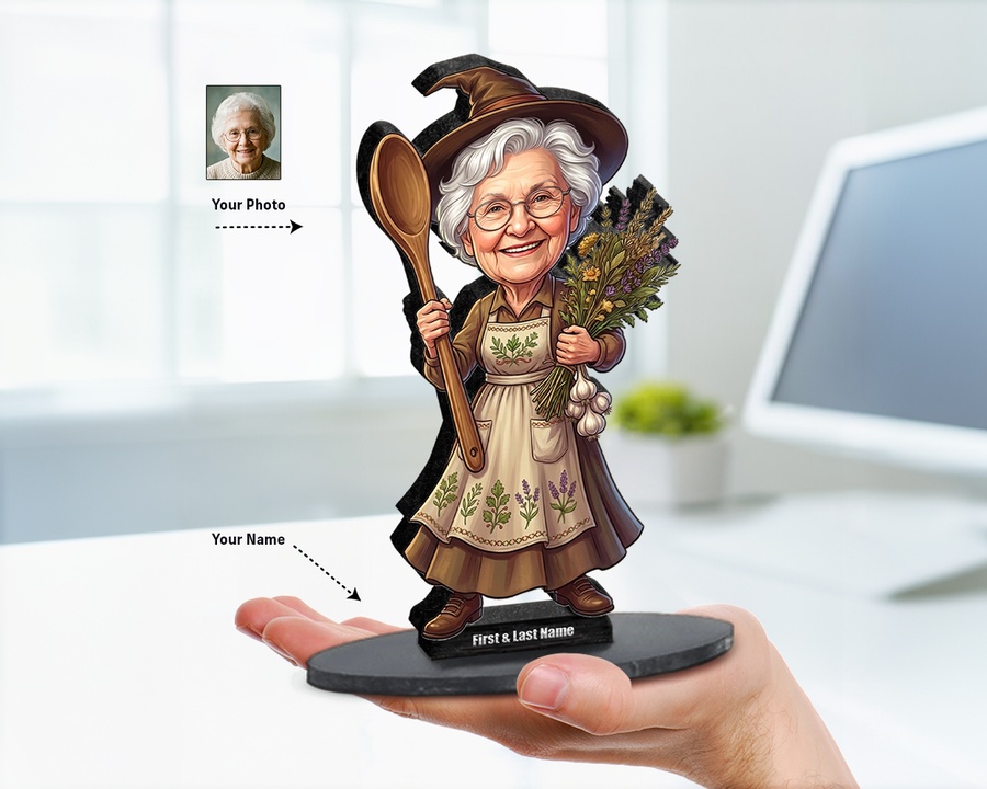 Grandma Witch Cauldron figurine — custom personalized Seasonal gift, premium wood 8 inches