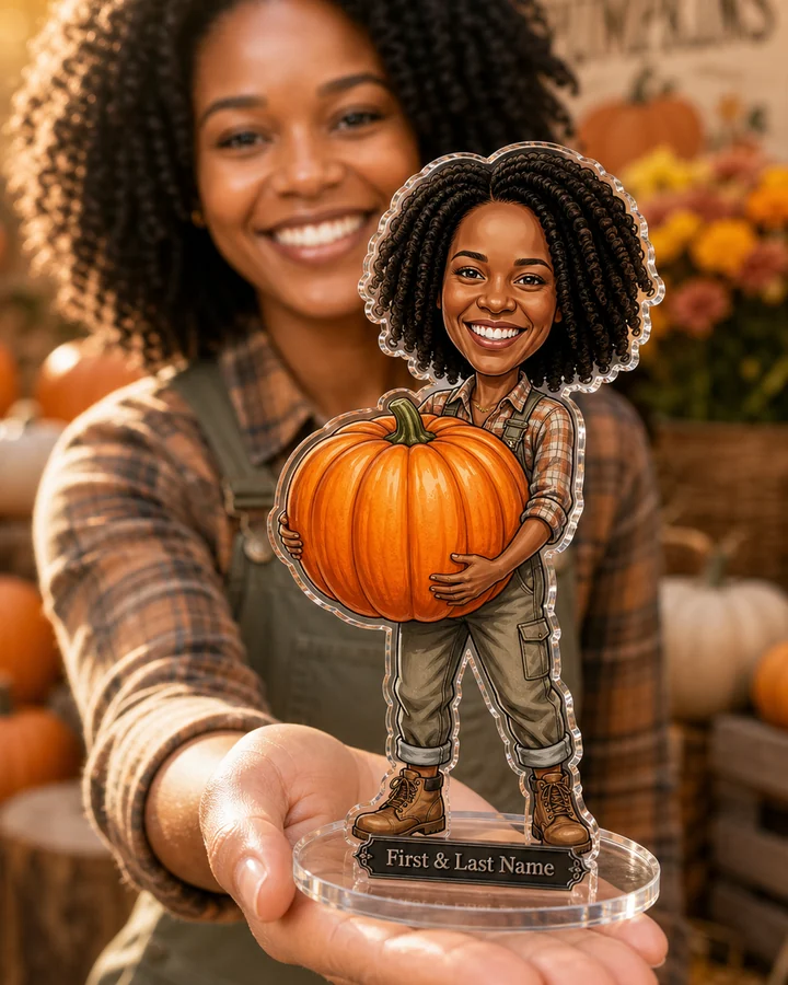 Pumpkin Farmer (Female) figurine — custom personalized New Arrivals gift, premium wood 8 inches