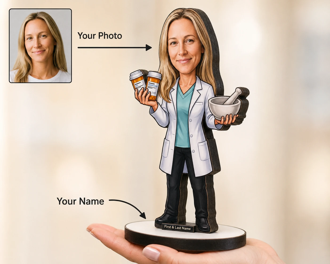 Personalized Pharmacist Gift — Mortar & Medicine Design figurine — custom Healthcare gift