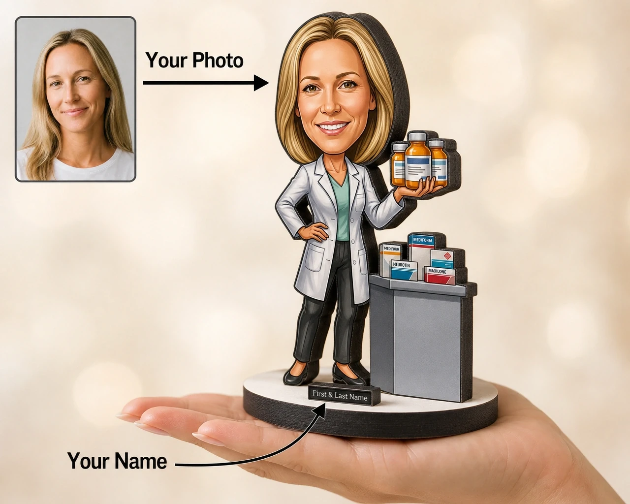 Custom Pharmacist Figurine — Pharmacy Counter Design figurine — custom Healthcare gift