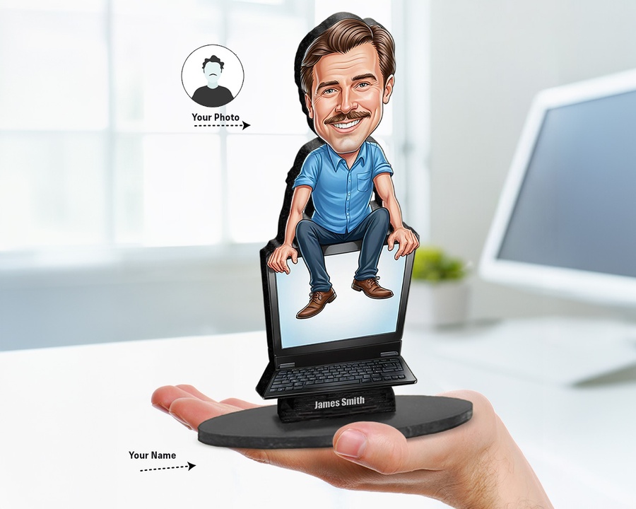 Computer Nerd figurine — custom personalized Business gift, premium wood 8 inches