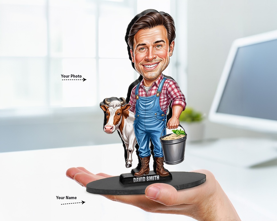 Farmer — Crop Basket figurine — custom personalized Business gift, premium wood 8 inches