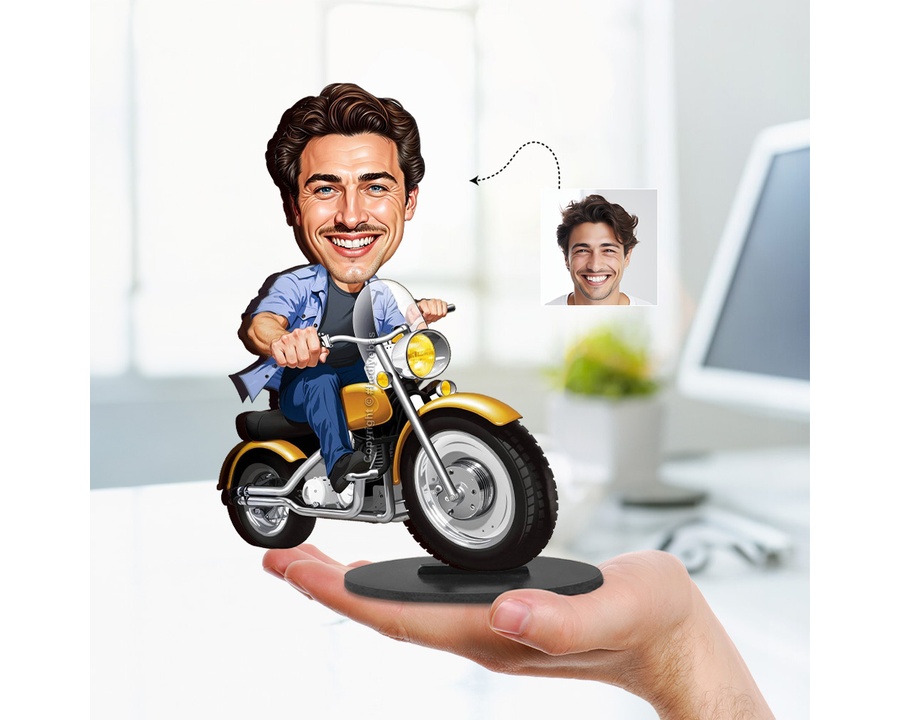 Motorcyclist — Yellow Bike figurine — custom personalized Sport gift, premium wood 8 inches