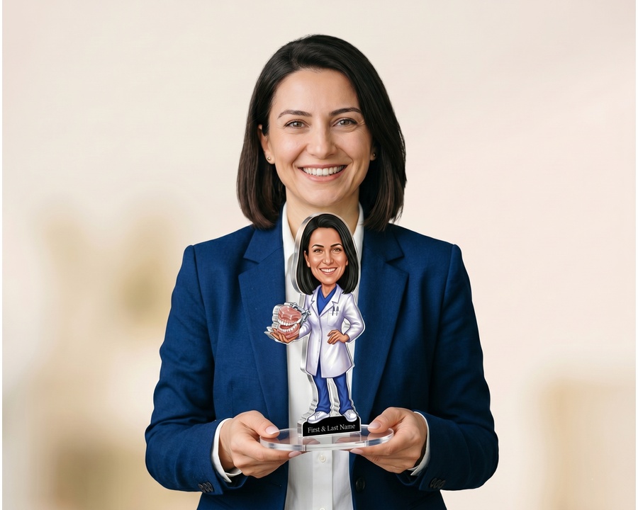 A professional holding a figurine made from her photo
