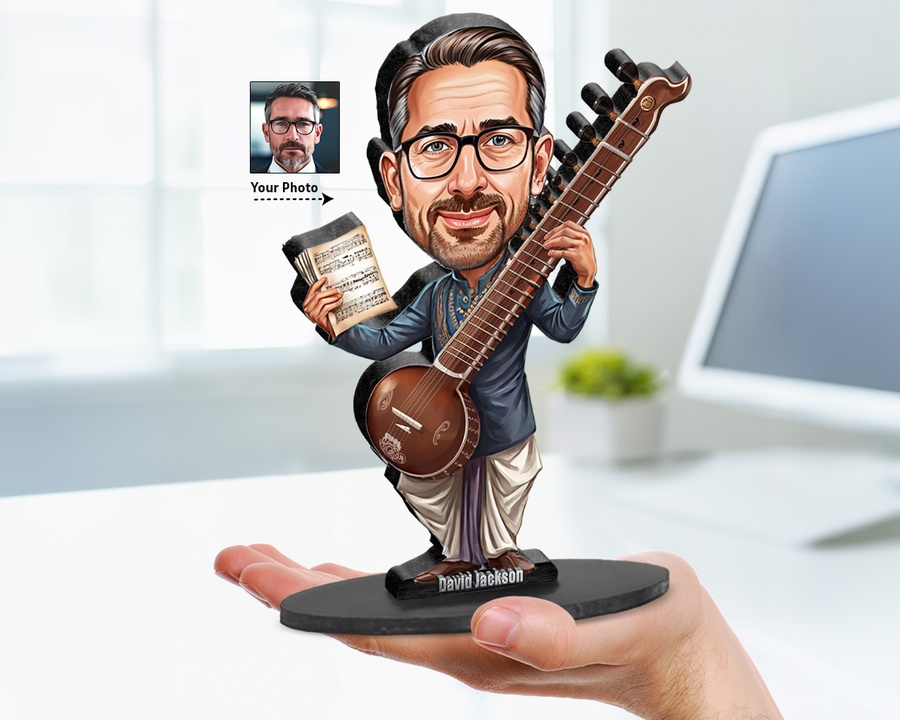 Sitar Player figurine — custom personalized Music gift, premium wood 8 inches