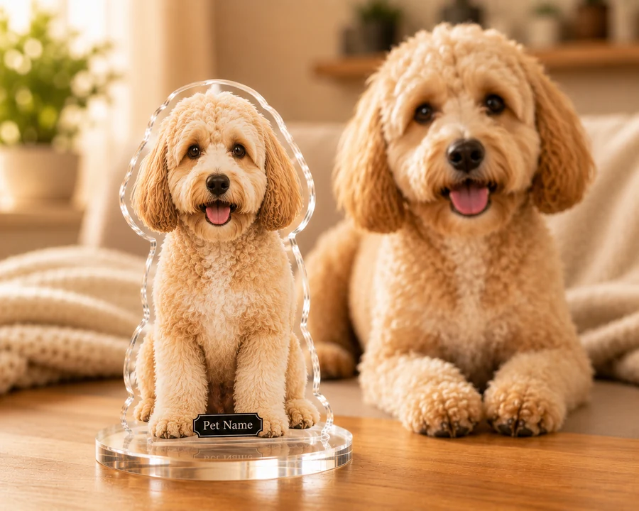 Cream Goldendoodle figurine — custom personalized Pets gift, premium wood 8 inches