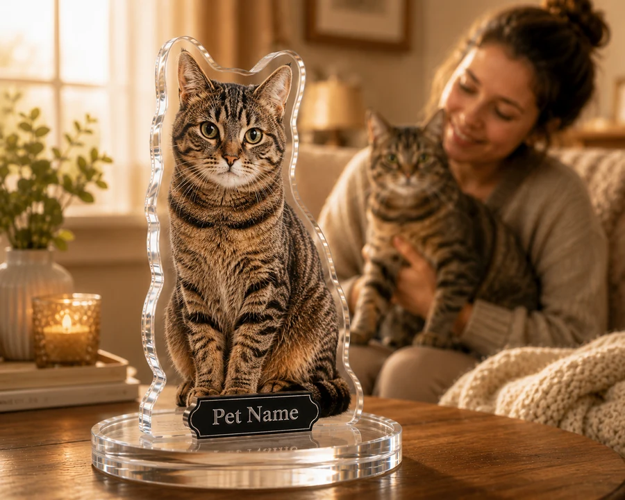 Tabby Cat & Owner figurine — custom personalized Pets gift, premium wood 8 inches