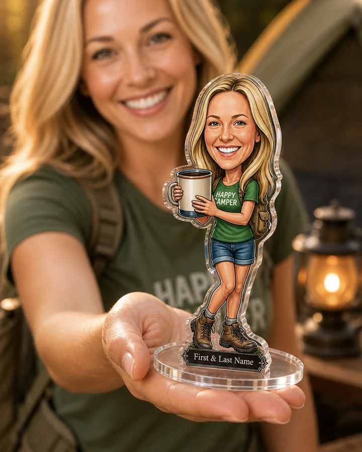 Happy Camper figurine — custom personalized Sport gift, premium wood 8 inches